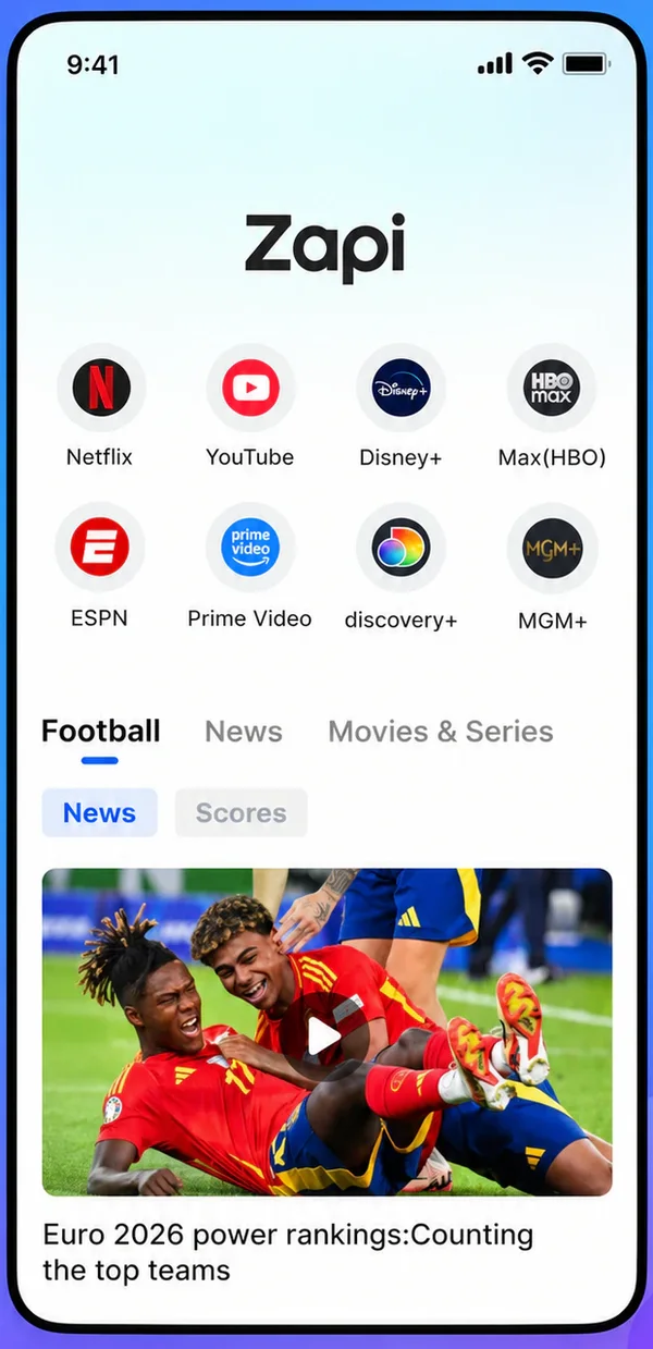 Zapi home screen with quick access to news, sports and entertainment